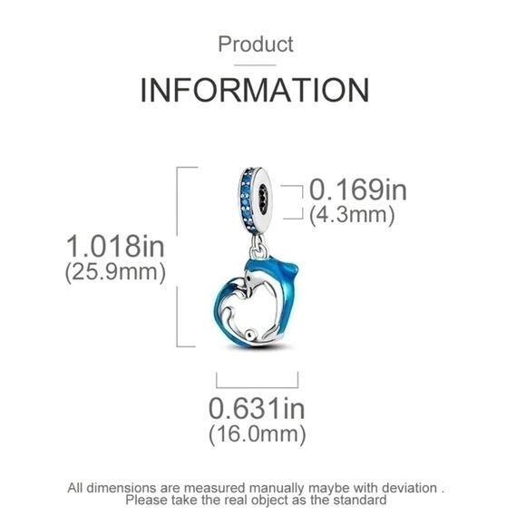 Stunning 925 Sterling Silver Heart Shape Dolphin Pendant Bead - NWT - Picture 4 of 4